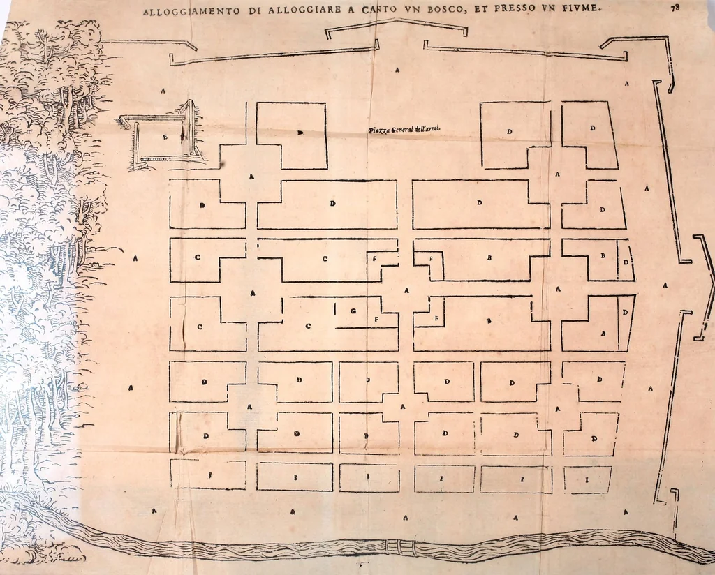An illustration from Dell'arte militare libri cinqve : ne' qvali si tratta il modo di fortificare, offeendere [sic], et diffendere vna fortezza : et l'ordine come si debbano fare gli alloggiamenti campali & formare le battaglie : et nell'vltimo l'essamine de' bombardieri, & di far fuochi arteficiati, 1584, leaf 163