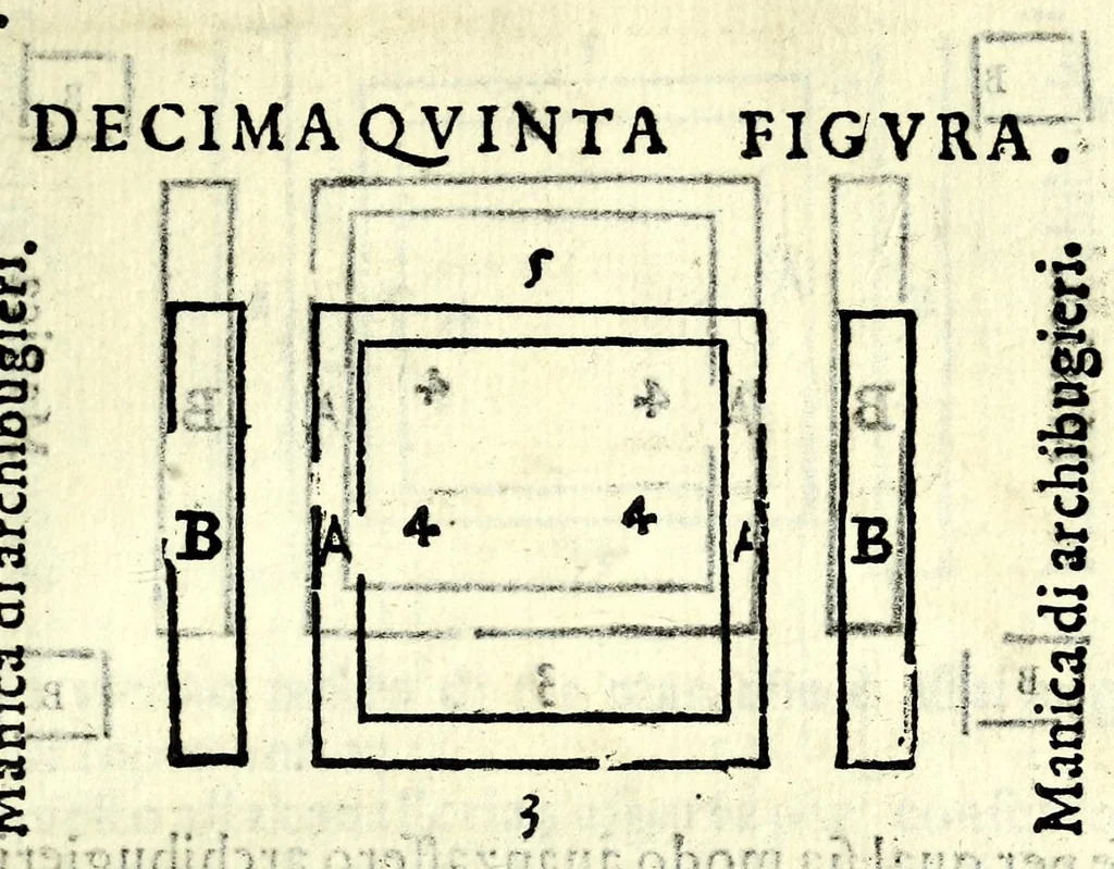 An illustration from Dell'arte militare libri cinqve : ne' qvali si tratta il modo di fortificare, offeendere [sic], et diffendere vna fortezza : et l'ordine come si debbano fare gli alloggiamenti campali & formare le battaglie : et nell'vltimo l'essamine de' bombardieri, & di far fuochi arteficiati, 1584, leaf 353