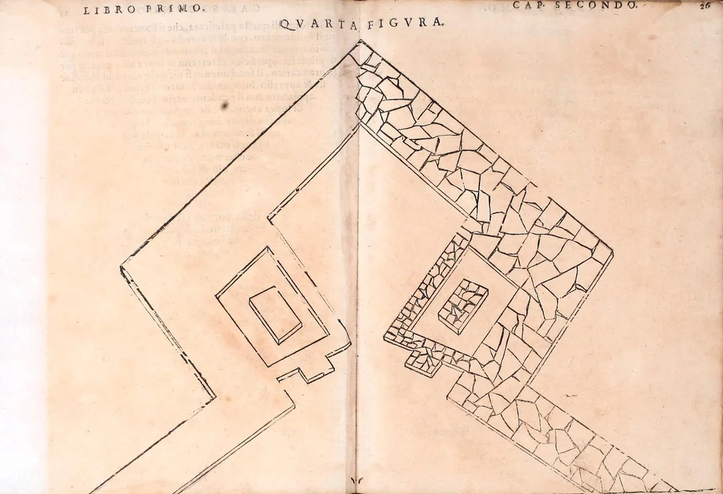 An illustration from Dell'arte militare libri cinqve : ne' qvali si tratta il modo di fortificare, offeendere [sic], et diffendere vna fortezza : et l'ordine come si debbano fare gli alloggiamenti campali & formare le battaglie : et nell'vltimo l'essamine de' bombardieri, & di far fuochi arteficiati, 1584, leaf 61