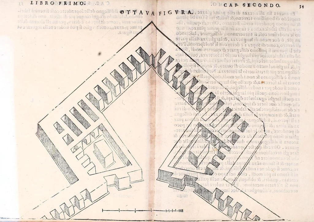 An illustration from Dell'arte militare libri cinqve : ne' qvali si tratta il modo di fortificare, offeendere [sic], et diffendere vna fortezza : et l'ordine come si debbano fare gli alloggiamenti campali & formare le battaglie : et nell'vltimo l'essamine de' bombardieri, & di far fuochi arteficiati, 1584, leaf 77