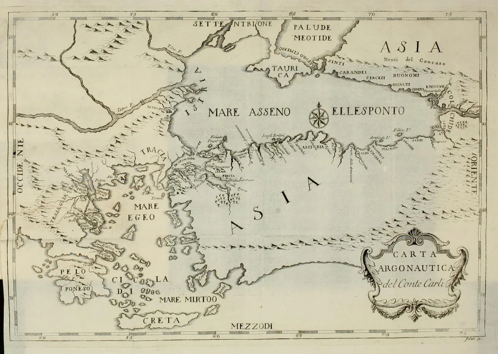 An illustration from Della spedizione degli argonauti in Colco, libri quattro. In cui varj punti si dilucidano intorno alla navigazione, all'astronomia, alla cronologia, e alla geografia degli antichi, 1745, leaf 23