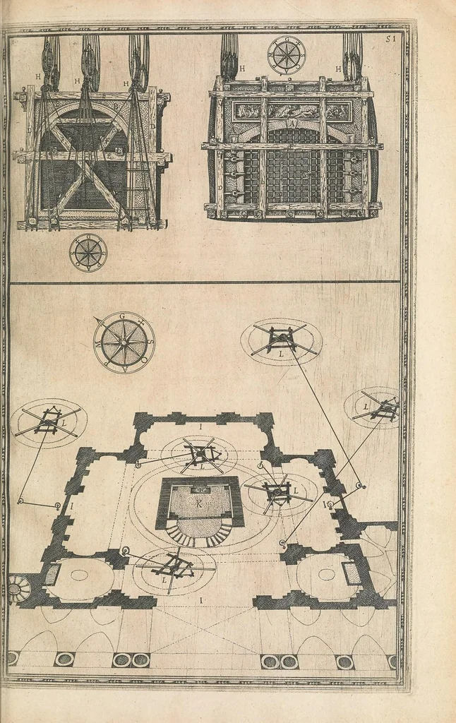 An illustration from Della trasportatione dell'obelisco vaticano : et delle fabriche di Nostro Signore papa Sisto V, 1590, leaf 109