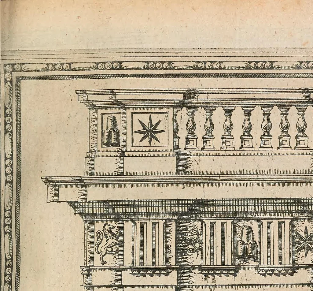 An illustration from Della trasportatione dell'obelisco vaticano : et delle fabriche di Nostro Signore papa Sisto V, 1590, leaf 143