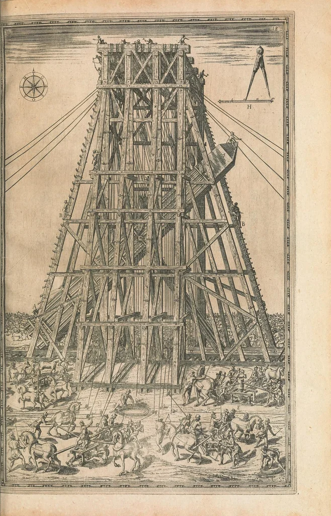 An illustration from Della trasportatione dell'obelisco vaticano : et delle fabriche di Nostro Signore papa Sisto V, 1590, leaf 43