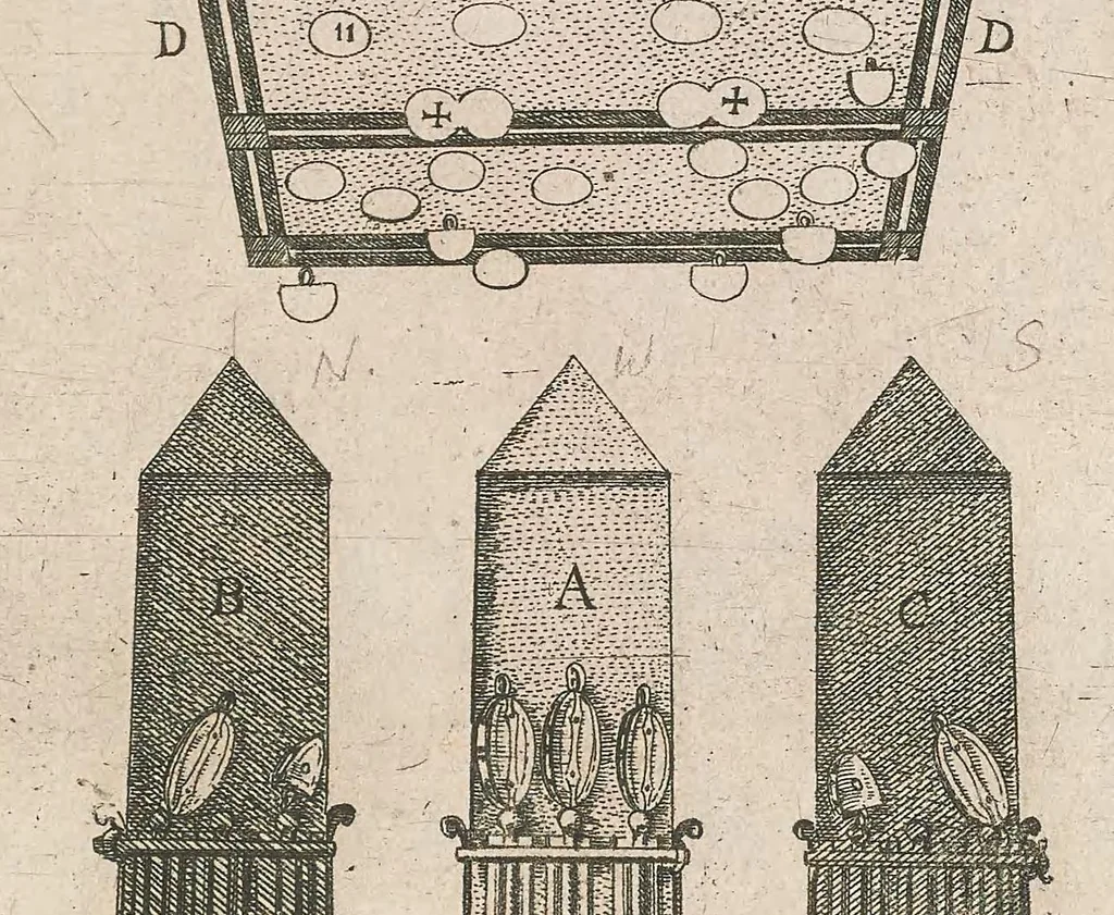 An illustration from Della trasportatione dell'obelisco vaticano : et delle fabriche di Nostro Signore papa Sisto V, 1590, leaf 63