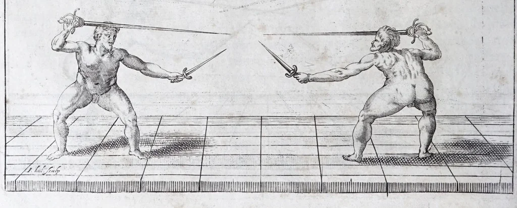 An illustration from Della vera pratica & scienza d'armi libri due : nel primo de quali si tratta li fondamenti della spada sola, le raggioni di spada e pugnale, & di spada e cappa : nel secondo, si dà regole per ferire il nemico subito posto mano alla spada, altre di cosi subita rissolutione con spada e pugnale, & altre ancora per ferire senza fermarsi con spada e pugnale : il tutto in questa seconda editione non solo descritto ma rappresentato alla vista da cento e nouantacinque figure di rame diligentissimamente intagliate, 1624, leaf 100