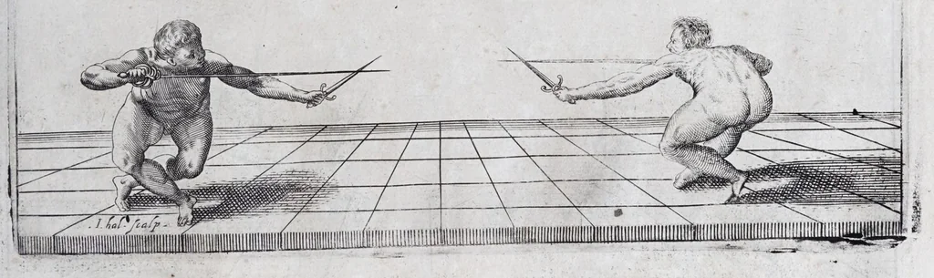 An illustration from Della vera pratica & scienza d'armi libri due : nel primo de quali si tratta li fondamenti della spada sola, le raggioni di spada e pugnale, & di spada e cappa : nel secondo, si dà regole per ferire il nemico subito posto mano alla spada, altre di cosi subita rissolutione con spada e pugnale, & altre ancora per ferire senza fermarsi con spada e pugnale : il tutto in questa seconda editione non solo descritto ma rappresentato alla vista da cento e nouantacinque figure di rame diligentissimamente intagliate, 1624, leaf 105