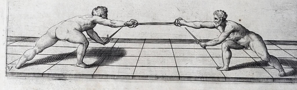 An illustration from Della vera pratica & scienza d'armi libri due : nel primo de quali si tratta li fondamenti della spada sola, le raggioni di spada e pugnale, & di spada e cappa : nel secondo, si dà regole per ferire il nemico subito posto mano alla spada, altre di cosi subita rissolutione con spada e pugnale, & altre ancora per ferire senza fermarsi con spada e pugnale : il tutto in questa seconda editione non solo descritto ma rappresentato alla vista da cento e nouantacinque figure di rame diligentissimamente intagliate, 1624, leaf 108
