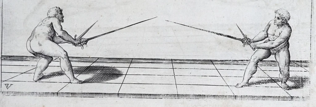 An illustration from Della vera pratica & scienza d'armi libri due : nel primo de quali si tratta li fondamenti della spada sola, le raggioni di spada e pugnale, & di spada e cappa : nel secondo, si dà regole per ferire il nemico subito posto mano alla spada, altre di cosi subita rissolutione con spada e pugnale, & altre ancora per ferire senza fermarsi con spada e pugnale : il tutto in questa seconda editione non solo descritto ma rappresentato alla vista da cento e nouantacinque figure di rame diligentissimamente intagliate, 1624, leaf 111