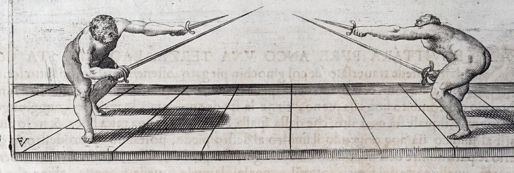An illustration from Della vera pratica & scienza d'armi libri due : nel primo de quali si tratta li fondamenti della spada sola, le raggioni di spada e pugnale, & di spada e cappa : nel secondo, si dà regole per ferire il nemico subito posto mano alla spada, altre di cosi subita rissolutione con spada e pugnale, & altre ancora per ferire senza fermarsi con spada e pugnale : il tutto in questa seconda editione non solo descritto ma rappresentato alla vista da cento e nouantacinque figure di rame diligentissimamente intagliate, 1624, leaf 114
