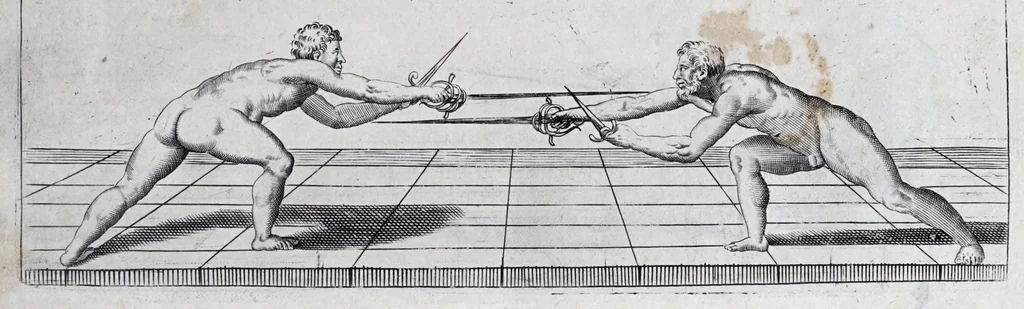 An illustration from Della vera pratica & scienza d'armi libri due : nel primo de quali si tratta li fondamenti della spada sola, le raggioni di spada e pugnale, & di spada e cappa : nel secondo, si dà regole per ferire il nemico subito posto mano alla spada, altre di cosi subita rissolutione con spada e pugnale, & altre ancora per ferire senza fermarsi con spada e pugnale : il tutto in questa seconda editione non solo descritto ma rappresentato alla vista da cento e nouantacinque figure di rame diligentissimamente intagliate, 1624, leaf 117