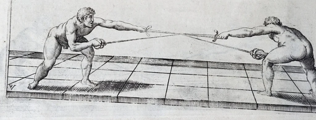 An illustration from Della vera pratica & scienza d'armi libri due : nel primo de quali si tratta li fondamenti della spada sola, le raggioni di spada e pugnale, & di spada e cappa : nel secondo, si dà regole per ferire il nemico subito posto mano alla spada, altre di cosi subita rissolutione con spada e pugnale, & altre ancora per ferire senza fermarsi con spada e pugnale : il tutto in questa seconda editione non solo descritto ma rappresentato alla vista da cento e nouantacinque figure di rame diligentissimamente intagliate, 1624, leaf 120