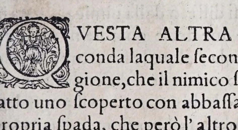 An illustration from Della vera pratica & scienza d'armi libri due : nel primo de quali si tratta li fondamenti della spada sola, le raggioni di spada e pugnale, & di spada e cappa : nel secondo, si dà regole per ferire il nemico subito posto mano alla spada, altre di cosi subita rissolutione con spada e pugnale, & altre ancora per ferire senza fermarsi con spada e pugnale : il tutto in questa seconda editione non solo descritto ma rappresentato alla vista da cento e nouantacinque figure di rame diligentissimamente intagliate, 1624, leaf 123