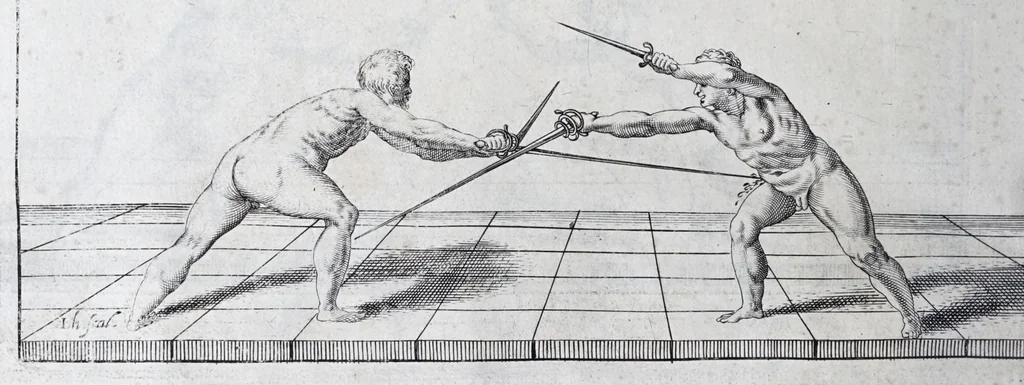 An illustration from Della vera pratica & scienza d'armi libri due : nel primo de quali si tratta li fondamenti della spada sola, le raggioni di spada e pugnale, & di spada e cappa : nel secondo, si dà regole per ferire il nemico subito posto mano alla spada, altre di cosi subita rissolutione con spada e pugnale, & altre ancora per ferire senza fermarsi con spada e pugnale : il tutto in questa seconda editione non solo descritto ma rappresentato alla vista da cento e nouantacinque figure di rame diligentissimamente intagliate, 1624, leaf 128