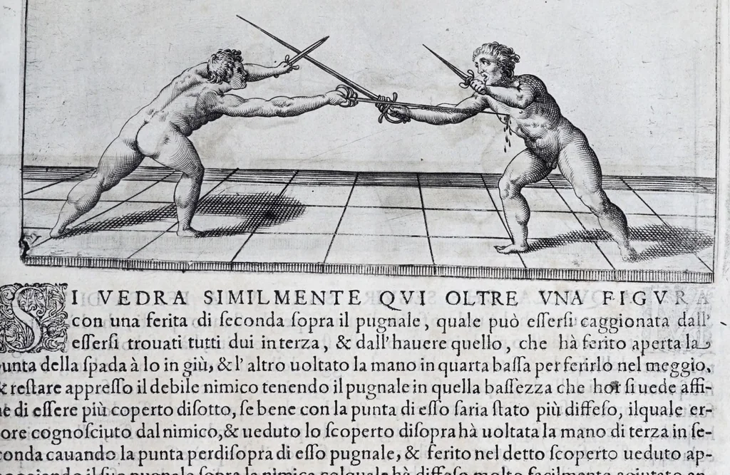 An illustration from Della vera pratica & scienza d'armi libri due : nel primo de quali si tratta li fondamenti della spada sola, le raggioni di spada e pugnale, & di spada e cappa : nel secondo, si dà regole per ferire il nemico subito posto mano alla spada, altre di cosi subita rissolutione con spada e pugnale, & altre ancora per ferire senza fermarsi con spada e pugnale : il tutto in questa seconda editione non solo descritto ma rappresentato alla vista da cento e nouantacinque figure di rame diligentissimamente intagliate, 1624, leaf 131