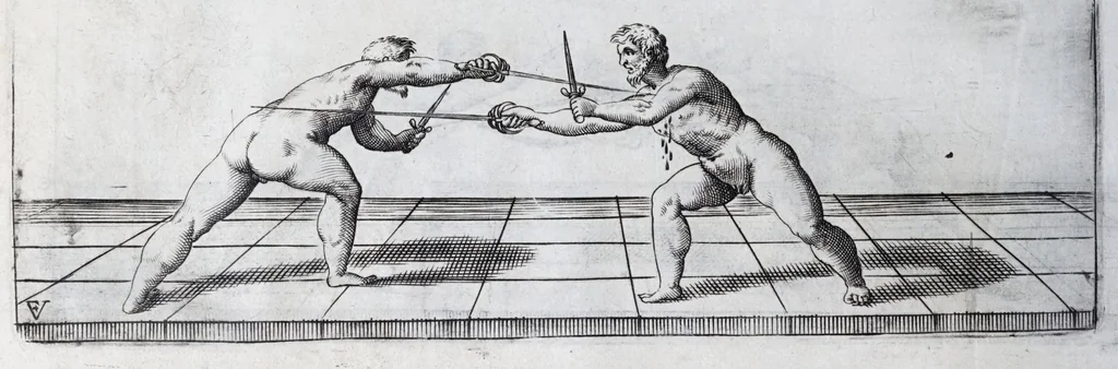 An illustration from Della vera pratica & scienza d'armi libri due : nel primo de quali si tratta li fondamenti della spada sola, le raggioni di spada e pugnale, & di spada e cappa : nel secondo, si dà regole per ferire il nemico subito posto mano alla spada, altre di cosi subita rissolutione con spada e pugnale, & altre ancora per ferire senza fermarsi con spada e pugnale : il tutto in questa seconda editione non solo descritto ma rappresentato alla vista da cento e nouantacinque figure di rame diligentissimamente intagliate, 1624, leaf 136