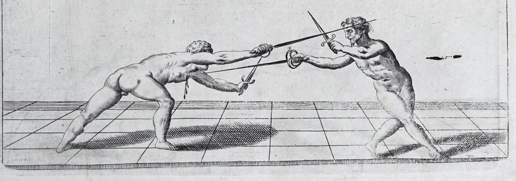 An illustration from Della vera pratica & scienza d'armi libri due : nel primo de quali si tratta li fondamenti della spada sola, le raggioni di spada e pugnale, & di spada e cappa : nel secondo, si dà regole per ferire il nemico subito posto mano alla spada, altre di cosi subita rissolutione con spada e pugnale, & altre ancora per ferire senza fermarsi con spada e pugnale : il tutto in questa seconda editione non solo descritto ma rappresentato alla vista da cento e nouantacinque figure di rame diligentissimamente intagliate, 1624, leaf 139
