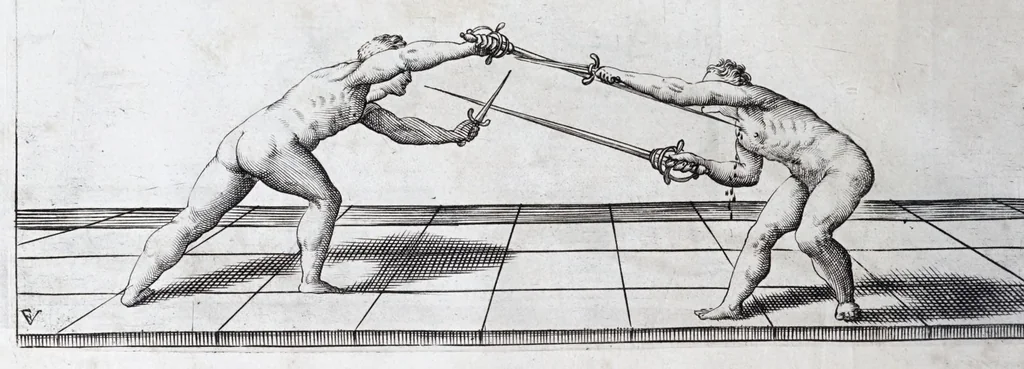 An illustration from Della vera pratica & scienza d'armi libri due : nel primo de quali si tratta li fondamenti della spada sola, le raggioni di spada e pugnale, & di spada e cappa : nel secondo, si dà regole per ferire il nemico subito posto mano alla spada, altre di cosi subita rissolutione con spada e pugnale, & altre ancora per ferire senza fermarsi con spada e pugnale : il tutto in questa seconda editione non solo descritto ma rappresentato alla vista da cento e nouantacinque figure di rame diligentissimamente intagliate, 1624, leaf 142