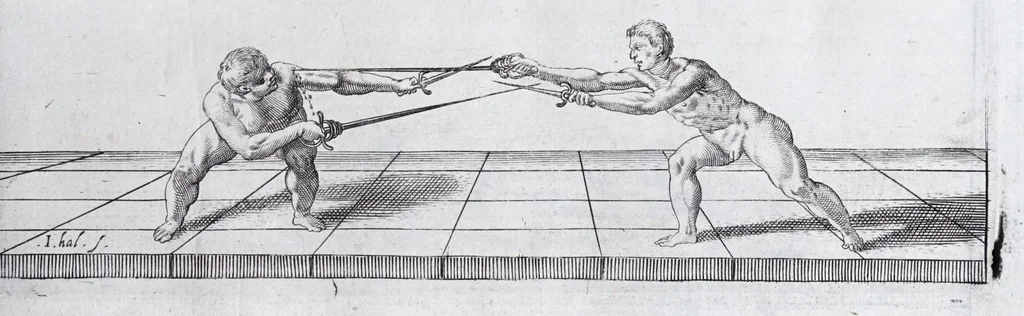 An illustration from Della vera pratica & scienza d'armi libri due : nel primo de quali si tratta li fondamenti della spada sola, le raggioni di spada e pugnale, & di spada e cappa : nel secondo, si dà regole per ferire il nemico subito posto mano alla spada, altre di cosi subita rissolutione con spada e pugnale, & altre ancora per ferire senza fermarsi con spada e pugnale : il tutto in questa seconda editione non solo descritto ma rappresentato alla vista da cento e nouantacinque figure di rame diligentissimamente intagliate, 1624, leaf 145