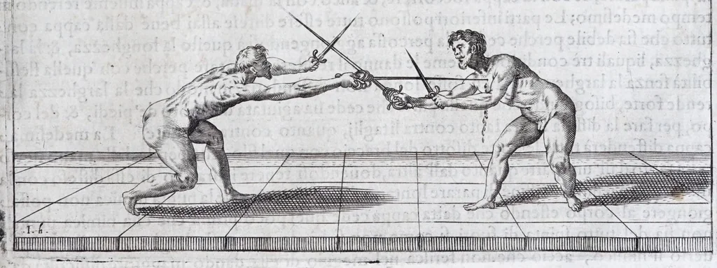 An illustration from Della vera pratica & scienza d'armi libri due : nel primo de quali si tratta li fondamenti della spada sola, le raggioni di spada e pugnale, & di spada e cappa : nel secondo, si dà regole per ferire il nemico subito posto mano alla spada, altre di cosi subita rissolutione con spada e pugnale, & altre ancora per ferire senza fermarsi con spada e pugnale : il tutto in questa seconda editione non solo descritto ma rappresentato alla vista da cento e nouantacinque figure di rame diligentissimamente intagliate, 1624, leaf 147