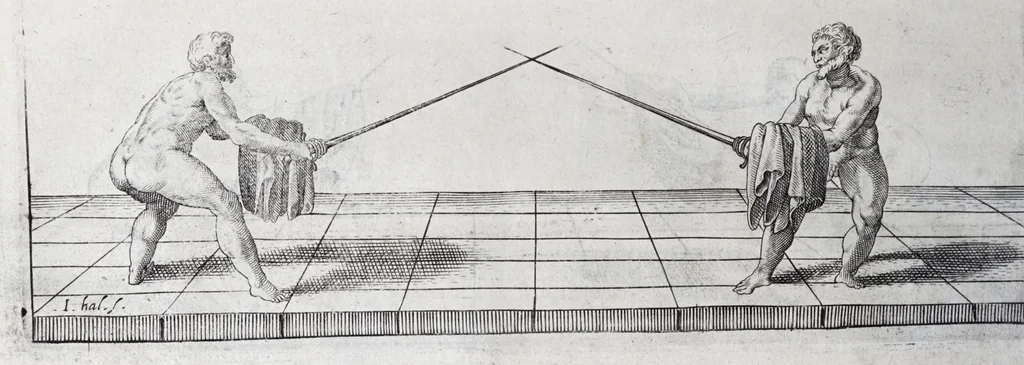 An illustration from Della vera pratica & scienza d'armi libri due : nel primo de quali si tratta li fondamenti della spada sola, le raggioni di spada e pugnale, & di spada e cappa : nel secondo, si dà regole per ferire il nemico subito posto mano alla spada, altre di cosi subita rissolutione con spada e pugnale, & altre ancora per ferire senza fermarsi con spada e pugnale : il tutto in questa seconda editione non solo descritto ma rappresentato alla vista da cento e nouantacinque figure di rame diligentissimamente intagliate, 1624, leaf 154