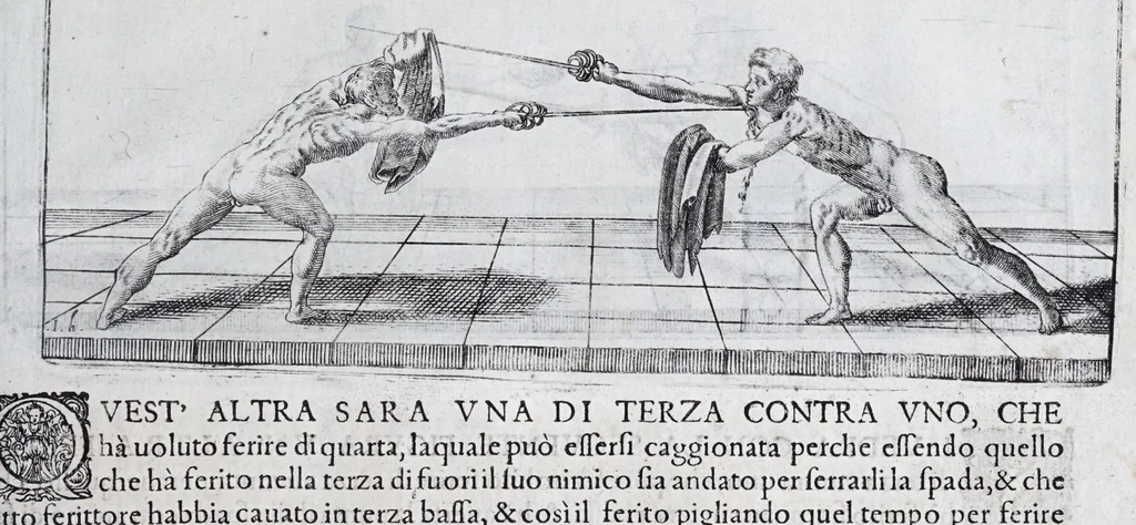 An illustration from Della vera pratica & scienza d'armi libri due : nel primo de quali si tratta li fondamenti della spada sola, le raggioni di spada e pugnale, & di spada e cappa : nel secondo, si dà regole per ferire il nemico subito posto mano alla spada, altre di cosi subita rissolutione con spada e pugnale, & altre ancora per ferire senza fermarsi con spada e pugnale : il tutto in questa seconda editione non solo descritto ma rappresentato alla vista da cento e nouantacinque figure di rame diligentissimamente intagliate, 1624, leaf 157