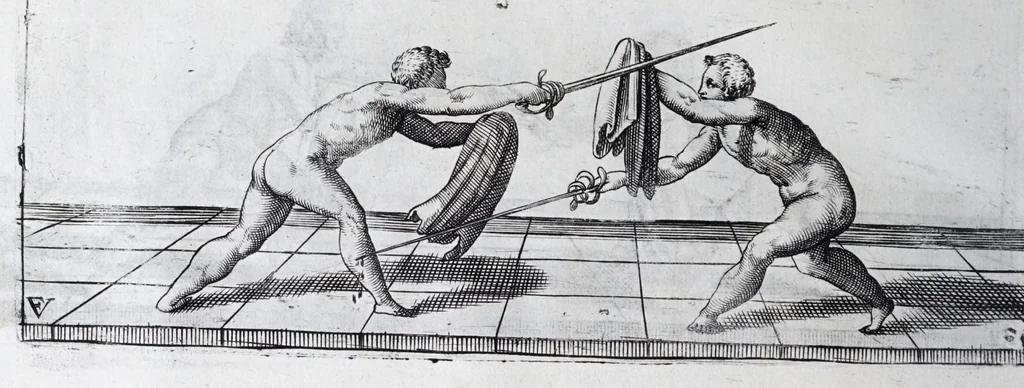 An illustration from Della vera pratica & scienza d'armi libri due : nel primo de quali si tratta li fondamenti della spada sola, le raggioni di spada e pugnale, & di spada e cappa : nel secondo, si dà regole per ferire il nemico subito posto mano alla spada, altre di cosi subita rissolutione con spada e pugnale, & altre ancora per ferire senza fermarsi con spada e pugnale : il tutto in questa seconda editione non solo descritto ma rappresentato alla vista da cento e nouantacinque figure di rame diligentissimamente intagliate, 1624, leaf 160