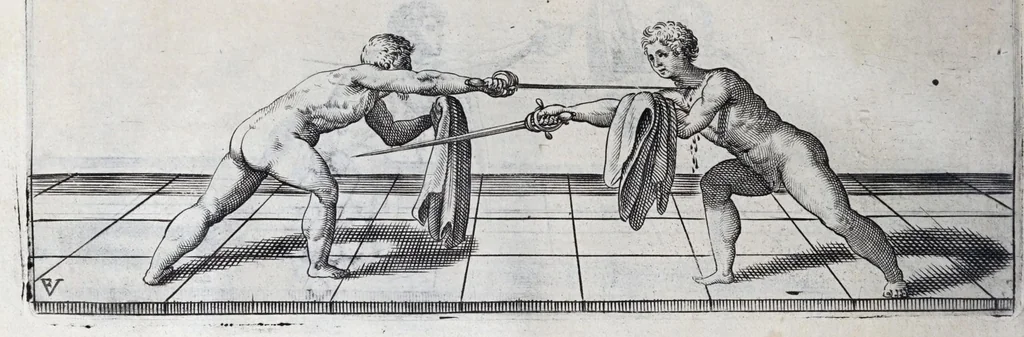 An illustration from Della vera pratica & scienza d'armi libri due : nel primo de quali si tratta li fondamenti della spada sola, le raggioni di spada e pugnale, & di spada e cappa : nel secondo, si dà regole per ferire il nemico subito posto mano alla spada, altre di cosi subita rissolutione con spada e pugnale, & altre ancora per ferire senza fermarsi con spada e pugnale : il tutto in questa seconda editione non solo descritto ma rappresentato alla vista da cento e nouantacinque figure di rame diligentissimamente intagliate, 1624, leaf 162