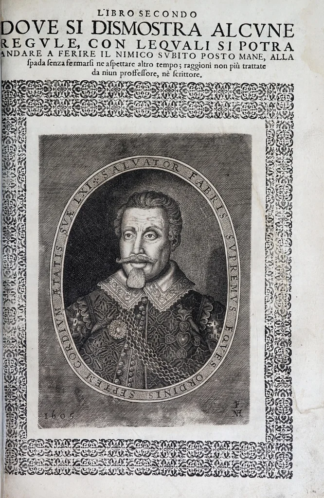 An illustration from Della vera pratica & scienza d'armi libri due : nel primo de quali si tratta li fondamenti della spada sola, le raggioni di spada e pugnale, & di spada e cappa : nel secondo, si dà regole per ferire il nemico subito posto mano alla spada, altre di cosi subita rissolutione con spada e pugnale, & altre ancora per ferire senza fermarsi con spada e pugnale : il tutto in questa seconda editione non solo descritto ma rappresentato alla vista da cento e nouantacinque figure di rame diligentissimamente intagliate, 1624, leaf 165