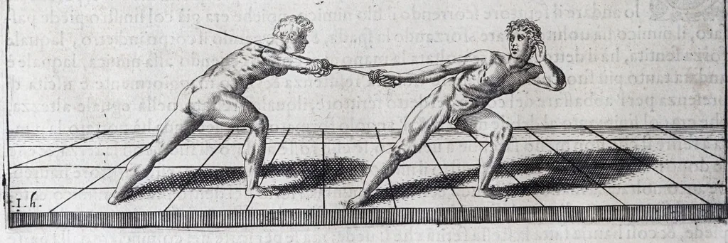 An illustration from Della vera pratica & scienza d'armi libri due : nel primo de quali si tratta li fondamenti della spada sola, le raggioni di spada e pugnale, & di spada e cappa : nel secondo, si dà regole per ferire il nemico subito posto mano alla spada, altre di cosi subita rissolutione con spada e pugnale, & altre ancora per ferire senza fermarsi con spada e pugnale : il tutto in questa seconda editione non solo descritto ma rappresentato alla vista da cento e nouantacinque figure di rame diligentissimamente intagliate, 1624, leaf 174