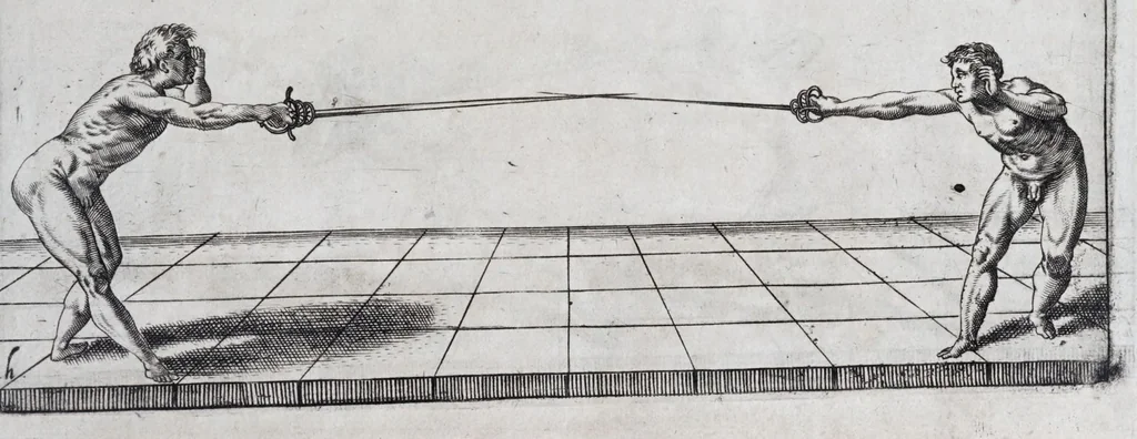 An illustration from Della vera pratica & scienza d'armi libri due : nel primo de quali si tratta li fondamenti della spada sola, le raggioni di spada e pugnale, & di spada e cappa : nel secondo, si dà regole per ferire il nemico subito posto mano alla spada, altre di cosi subita rissolutione con spada e pugnale, & altre ancora per ferire senza fermarsi con spada e pugnale : il tutto in questa seconda editione non solo descritto ma rappresentato alla vista da cento e nouantacinque figure di rame diligentissimamente intagliate, 1624, leaf 177
