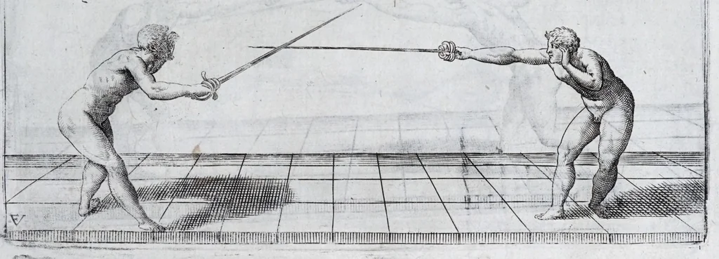 An illustration from Della vera pratica & scienza d'armi libri due : nel primo de quali si tratta li fondamenti della spada sola, le raggioni di spada e pugnale, & di spada e cappa : nel secondo, si dà regole per ferire il nemico subito posto mano alla spada, altre di cosi subita rissolutione con spada e pugnale, & altre ancora per ferire senza fermarsi con spada e pugnale : il tutto in questa seconda editione non solo descritto ma rappresentato alla vista da cento e nouantacinque figure di rame diligentissimamente intagliate, 1624, leaf 193