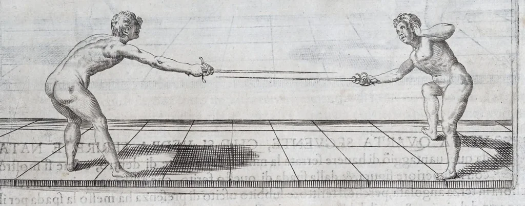 An illustration from Della vera pratica & scienza d'armi libri due : nel primo de quali si tratta li fondamenti della spada sola, le raggioni di spada e pugnale, & di spada e cappa : nel secondo, si dà regole per ferire il nemico subito posto mano alla spada, altre di cosi subita rissolutione con spada e pugnale, & altre ancora per ferire senza fermarsi con spada e pugnale : il tutto in questa seconda editione non solo descritto ma rappresentato alla vista da cento e nouantacinque figure di rame diligentissimamente intagliate, 1624, leaf 197
