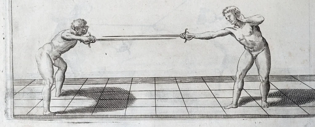 An illustration from Della vera pratica & scienza d'armi libri due : nel primo de quali si tratta li fondamenti della spada sola, le raggioni di spada e pugnale, & di spada e cappa : nel secondo, si dà regole per ferire il nemico subito posto mano alla spada, altre di cosi subita rissolutione con spada e pugnale, & altre ancora per ferire senza fermarsi con spada e pugnale : il tutto in questa seconda editione non solo descritto ma rappresentato alla vista da cento e nouantacinque figure di rame diligentissimamente intagliate, 1624, leaf 200