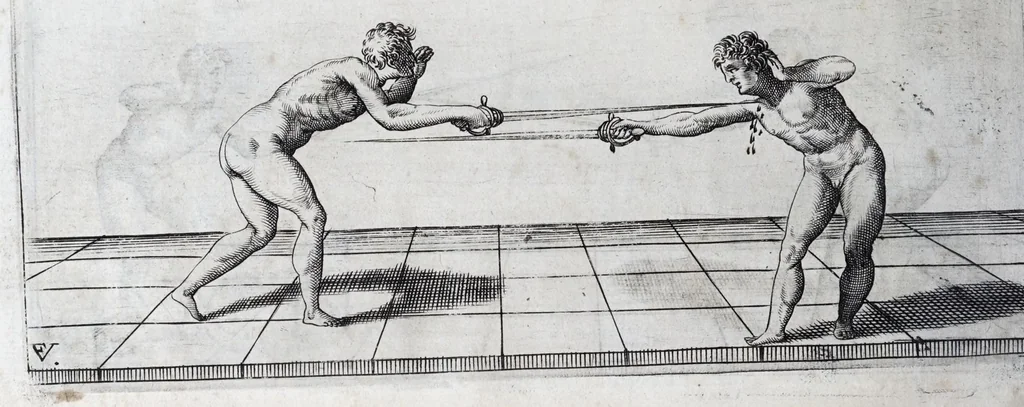 An illustration from Della vera pratica & scienza d'armi libri due : nel primo de quali si tratta li fondamenti della spada sola, le raggioni di spada e pugnale, & di spada e cappa : nel secondo, si dà regole per ferire il nemico subito posto mano alla spada, altre di cosi subita rissolutione con spada e pugnale, & altre ancora per ferire senza fermarsi con spada e pugnale : il tutto in questa seconda editione non solo descritto ma rappresentato alla vista da cento e nouantacinque figure di rame diligentissimamente intagliate, 1624, leaf 202