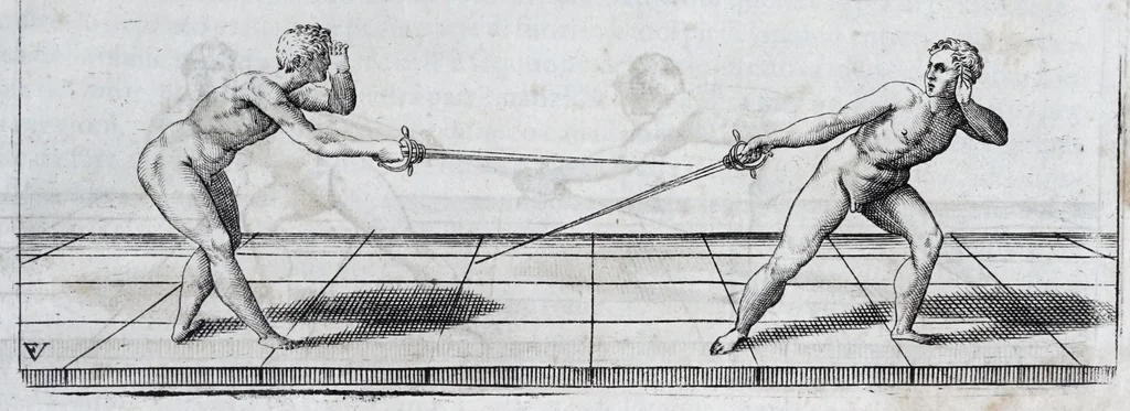 An illustration from Della vera pratica & scienza d'armi libri due : nel primo de quali si tratta li fondamenti della spada sola, le raggioni di spada e pugnale, & di spada e cappa : nel secondo, si dà regole per ferire il nemico subito posto mano alla spada, altre di cosi subita rissolutione con spada e pugnale, & altre ancora per ferire senza fermarsi con spada e pugnale : il tutto in questa seconda editione non solo descritto ma rappresentato alla vista da cento e nouantacinque figure di rame diligentissimamente intagliate, 1624, leaf 217