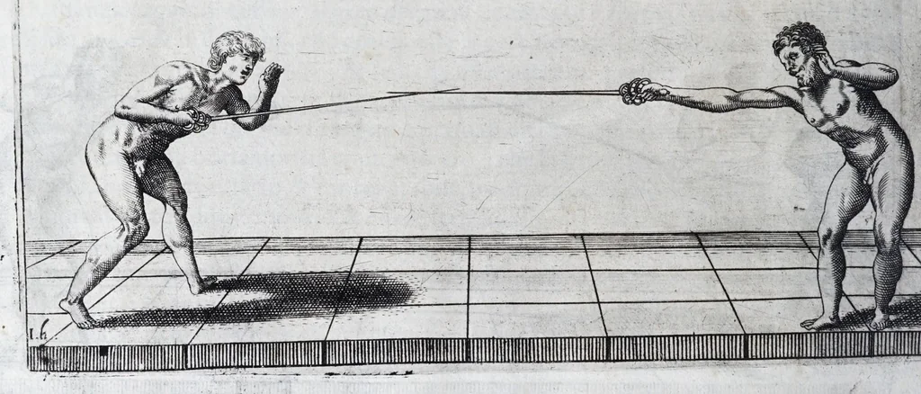 An illustration from Della vera pratica & scienza d'armi libri due : nel primo de quali si tratta li fondamenti della spada sola, le raggioni di spada e pugnale, & di spada e cappa : nel secondo, si dà regole per ferire il nemico subito posto mano alla spada, altre di cosi subita rissolutione con spada e pugnale, & altre ancora per ferire senza fermarsi con spada e pugnale : il tutto in questa seconda editione non solo descritto ma rappresentato alla vista da cento e nouantacinque figure di rame diligentissimamente intagliate, 1624, leaf 222