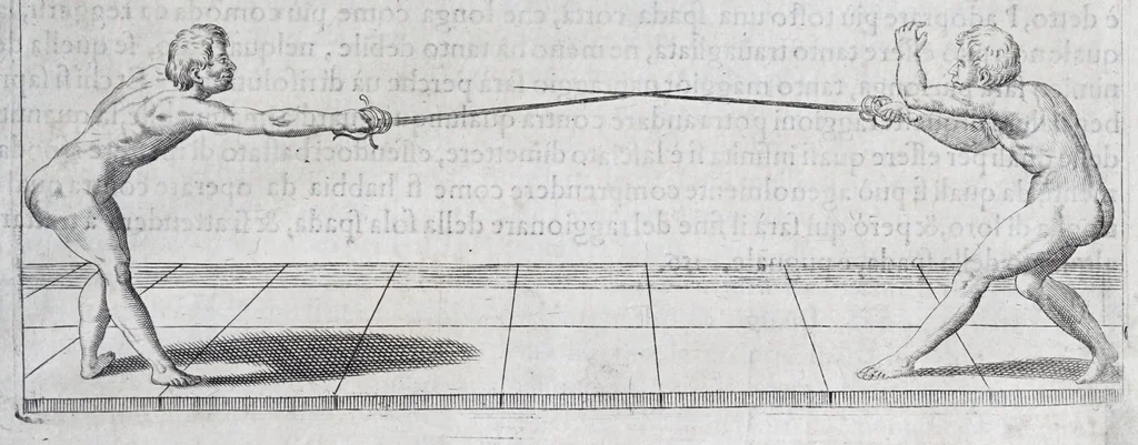 An illustration from Della vera pratica & scienza d'armi libri due : nel primo de quali si tratta li fondamenti della spada sola, le raggioni di spada e pugnale, & di spada e cappa : nel secondo, si dà regole per ferire il nemico subito posto mano alla spada, altre di cosi subita rissolutione con spada e pugnale, & altre ancora per ferire senza fermarsi con spada e pugnale : il tutto in questa seconda editione non solo descritto ma rappresentato alla vista da cento e nouantacinque figure di rame diligentissimamente intagliate, 1624, leaf 225