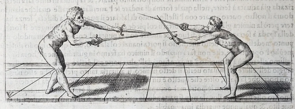 An illustration from Della vera pratica & scienza d'armi libri due : nel primo de quali si tratta li fondamenti della spada sola, le raggioni di spada e pugnale, & di spada e cappa : nel secondo, si dà regole per ferire il nemico subito posto mano alla spada, altre di cosi subita rissolutione con spada e pugnale, & altre ancora per ferire senza fermarsi con spada e pugnale : il tutto in questa seconda editione non solo descritto ma rappresentato alla vista da cento e nouantacinque figure di rame diligentissimamente intagliate, 1624, leaf 234