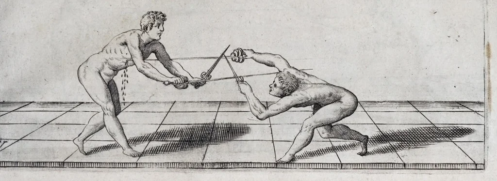 An illustration from Della vera pratica & scienza d'armi libri due : nel primo de quali si tratta li fondamenti della spada sola, le raggioni di spada e pugnale, & di spada e cappa : nel secondo, si dà regole per ferire il nemico subito posto mano alla spada, altre di cosi subita rissolutione con spada e pugnale, & altre ancora per ferire senza fermarsi con spada e pugnale : il tutto in questa seconda editione non solo descritto ma rappresentato alla vista da cento e nouantacinque figure di rame diligentissimamente intagliate, 1624, leaf 241
