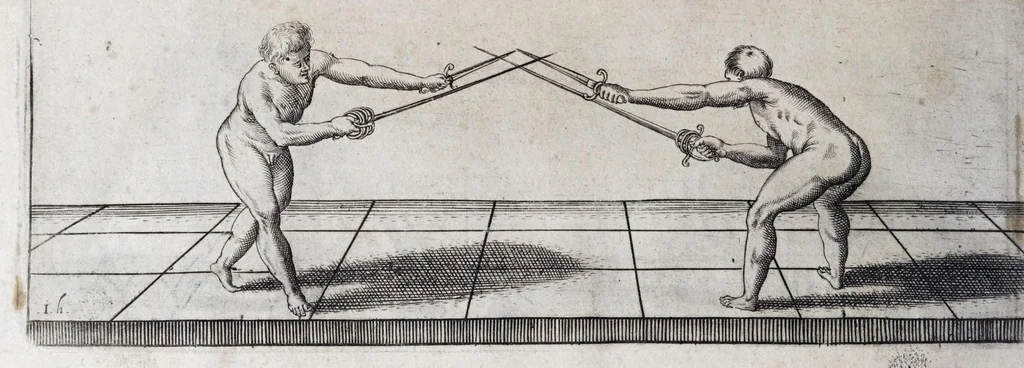 An illustration from Della vera pratica & scienza d'armi libri due : nel primo de quali si tratta li fondamenti della spada sola, le raggioni di spada e pugnale, & di spada e cappa : nel secondo, si dà regole per ferire il nemico subito posto mano alla spada, altre di cosi subita rissolutione con spada e pugnale, & altre ancora per ferire senza fermarsi con spada e pugnale : il tutto in questa seconda editione non solo descritto ma rappresentato alla vista da cento e nouantacinque figure di rame diligentissimamente intagliate, 1624, leaf 244