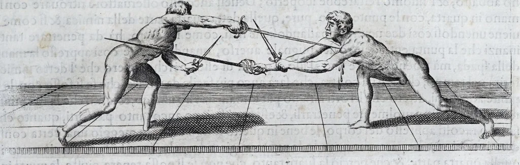 An illustration from Della vera pratica & scienza d'armi libri due : nel primo de quali si tratta li fondamenti della spada sola, le raggioni di spada e pugnale, & di spada e cappa : nel secondo, si dà regole per ferire il nemico subito posto mano alla spada, altre di cosi subita rissolutione con spada e pugnale, & altre ancora per ferire senza fermarsi con spada e pugnale : il tutto in questa seconda editione non solo descritto ma rappresentato alla vista da cento e nouantacinque figure di rame diligentissimamente intagliate, 1624, leaf 247