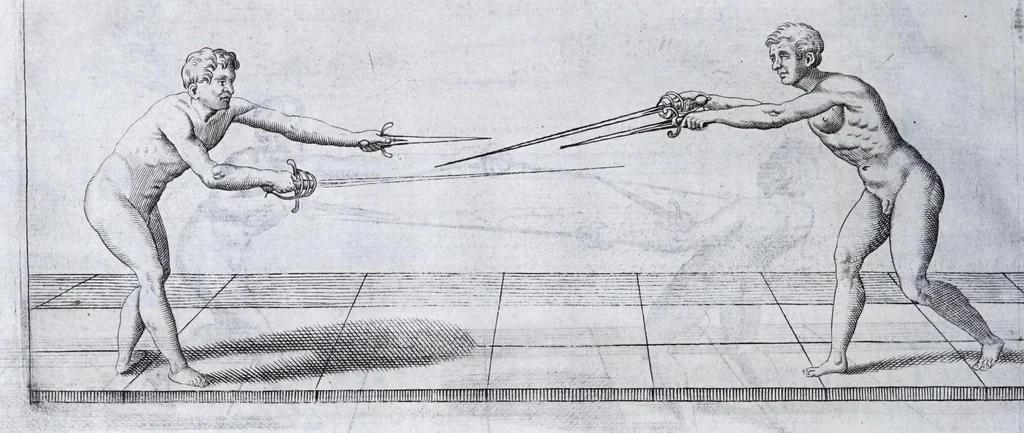 An illustration from Della vera pratica & scienza d'armi libri due : nel primo de quali si tratta li fondamenti della spada sola, le raggioni di spada e pugnale, & di spada e cappa : nel secondo, si dà regole per ferire il nemico subito posto mano alla spada, altre di cosi subita rissolutione con spada e pugnale, & altre ancora per ferire senza fermarsi con spada e pugnale : il tutto in questa seconda editione non solo descritto ma rappresentato alla vista da cento e nouantacinque figure di rame diligentissimamente intagliate, 1624, leaf 252