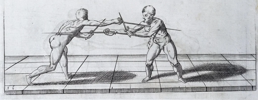 An illustration from Della vera pratica & scienza d'armi libri due : nel primo de quali si tratta li fondamenti della spada sola, le raggioni di spada e pugnale, & di spada e cappa : nel secondo, si dà regole per ferire il nemico subito posto mano alla spada, altre di cosi subita rissolutione con spada e pugnale, & altre ancora per ferire senza fermarsi con spada e pugnale : il tutto in questa seconda editione non solo descritto ma rappresentato alla vista da cento e nouantacinque figure di rame diligentissimamente intagliate, 1624, leaf 254
