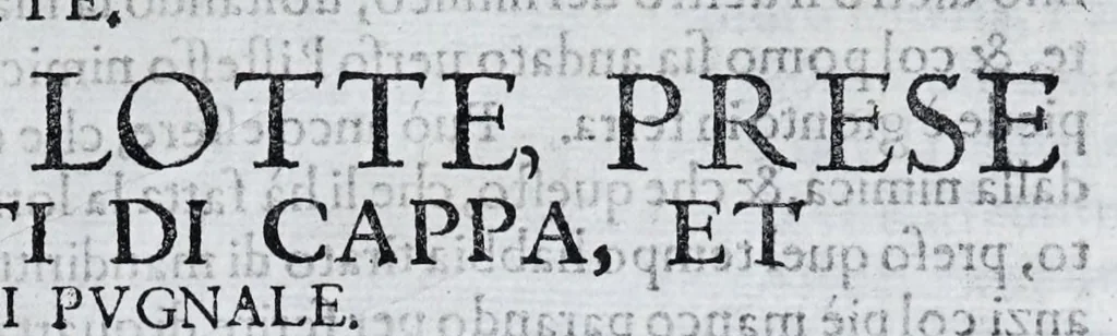 An illustration from Della vera pratica & scienza d'armi libri due : nel primo de quali si tratta li fondamenti della spada sola, le raggioni di spada e pugnale, & di spada e cappa : nel secondo, si dà regole per ferire il nemico subito posto mano alla spada, altre di cosi subita rissolutione con spada e pugnale, & altre ancora per ferire senza fermarsi con spada e pugnale : il tutto in questa seconda editione non solo descritto ma rappresentato alla vista da cento e nouantacinque figure di rame diligentissimamente intagliate, 1624, leaf 257