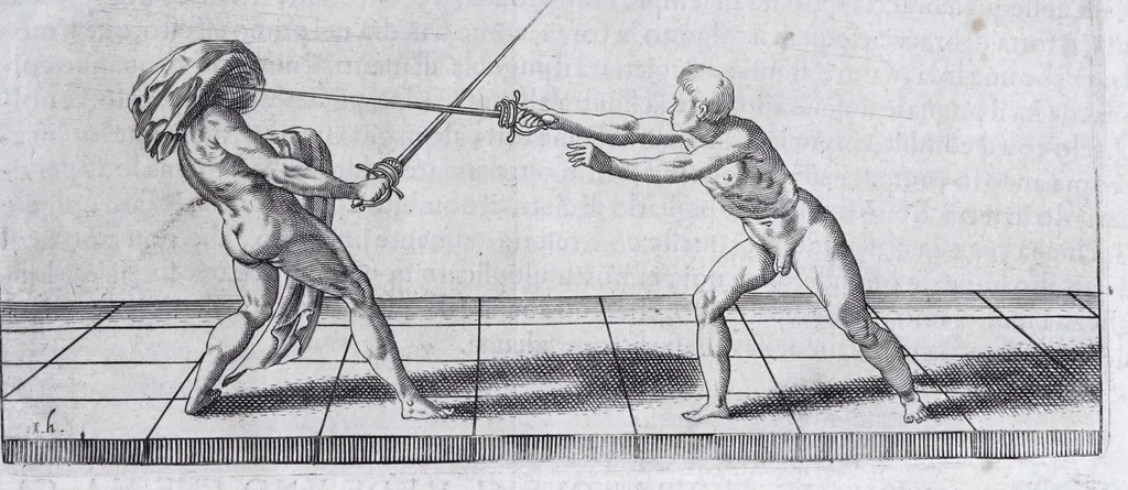 An illustration from Della vera pratica & scienza d'armi libri due : nel primo de quali si tratta li fondamenti della spada sola, le raggioni di spada e pugnale, & di spada e cappa : nel secondo, si dà regole per ferire il nemico subito posto mano alla spada, altre di cosi subita rissolutione con spada e pugnale, & altre ancora per ferire senza fermarsi con spada e pugnale : il tutto in questa seconda editione non solo descritto ma rappresentato alla vista da cento e nouantacinque figure di rame diligentissimamente intagliate, 1624, leaf 263