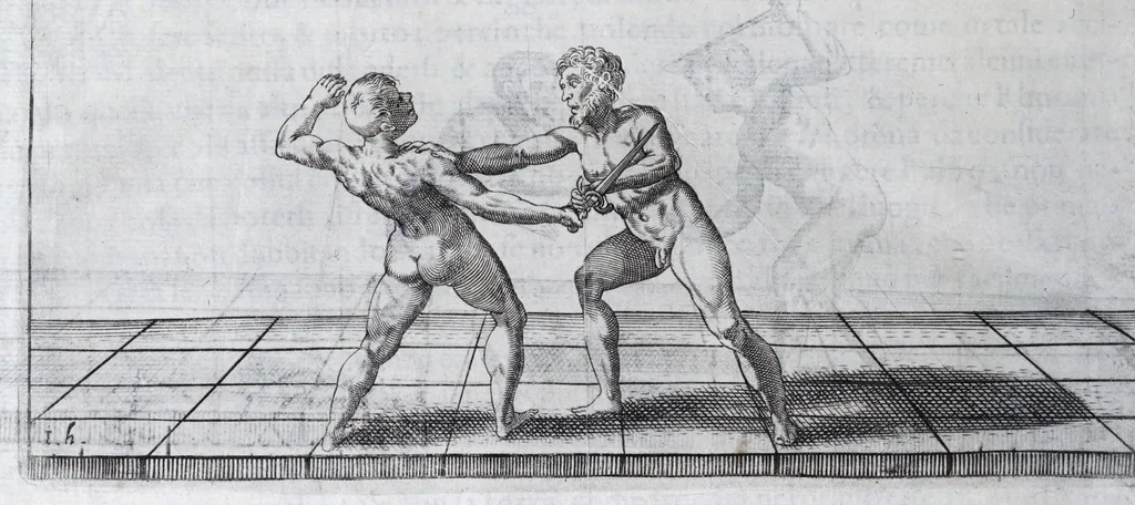 An illustration from Della vera pratica & scienza d'armi libri due : nel primo de quali si tratta li fondamenti della spada sola, le raggioni di spada e pugnale, & di spada e cappa : nel secondo, si dà regole per ferire il nemico subito posto mano alla spada, altre di cosi subita rissolutione con spada e pugnale, & altre ancora per ferire senza fermarsi con spada e pugnale : il tutto in questa seconda editione non solo descritto ma rappresentato alla vista da cento e nouantacinque figure di rame diligentissimamente intagliate, 1624, leaf 266