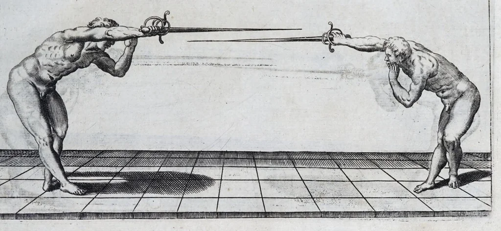 An illustration from Della vera pratica & scienza d'armi libri due : nel primo de quali si tratta li fondamenti della spada sola, le raggioni di spada e pugnale, & di spada e cappa : nel secondo, si dà regole per ferire il nemico subito posto mano alla spada, altre di cosi subita rissolutione con spada e pugnale, & altre ancora per ferire senza fermarsi con spada e pugnale : il tutto in questa seconda editione non solo descritto ma rappresentato alla vista da cento e nouantacinque figure di rame diligentissimamente intagliate, 1624, leaf 43