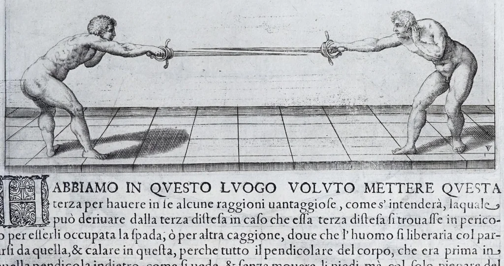 An illustration from Della vera pratica & scienza d'armi libri due : nel primo de quali si tratta li fondamenti della spada sola, le raggioni di spada e pugnale, & di spada e cappa : nel secondo, si dà regole per ferire il nemico subito posto mano alla spada, altre di cosi subita rissolutione con spada e pugnale, & altre ancora per ferire senza fermarsi con spada e pugnale : il tutto in questa seconda editione non solo descritto ma rappresentato alla vista da cento e nouantacinque figure di rame diligentissimamente intagliate, 1624, leaf 51