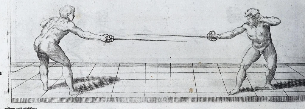An illustration from Della vera pratica & scienza d'armi libri due : nel primo de quali si tratta li fondamenti della spada sola, le raggioni di spada e pugnale, & di spada e cappa : nel secondo, si dà regole per ferire il nemico subito posto mano alla spada, altre di cosi subita rissolutione con spada e pugnale, & altre ancora per ferire senza fermarsi con spada e pugnale : il tutto in questa seconda editione non solo descritto ma rappresentato alla vista da cento e nouantacinque figure di rame diligentissimamente intagliate, 1624, leaf 54